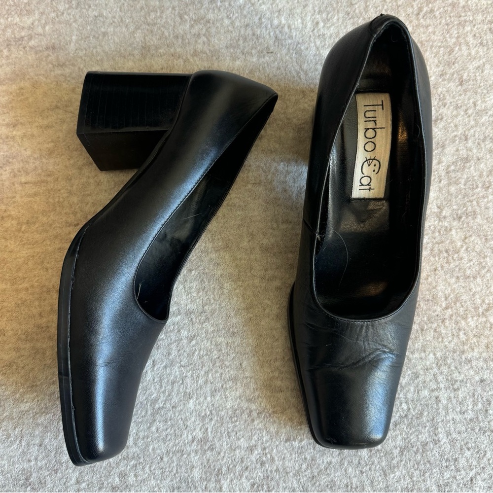 Enzo Angiolini Black Leather Block Heel Pumps